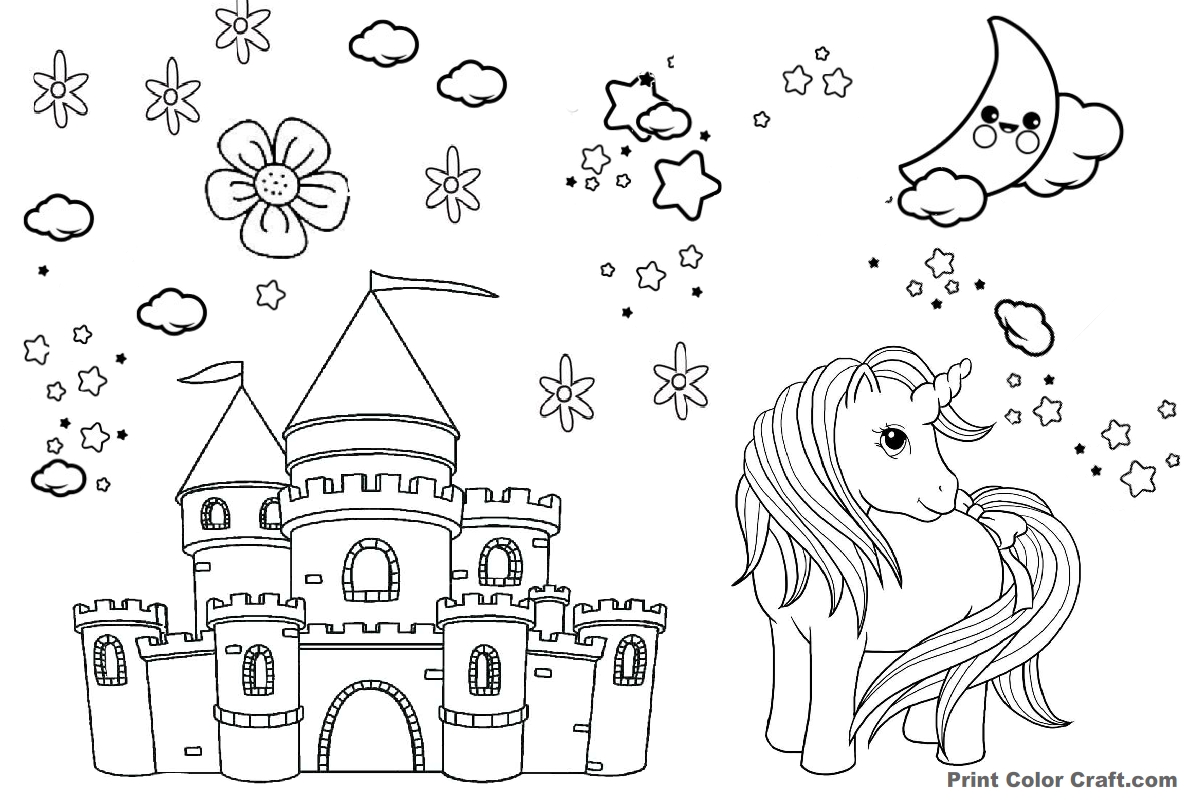 Unicorn with castle Printable Coloring Page - Print Color Craft