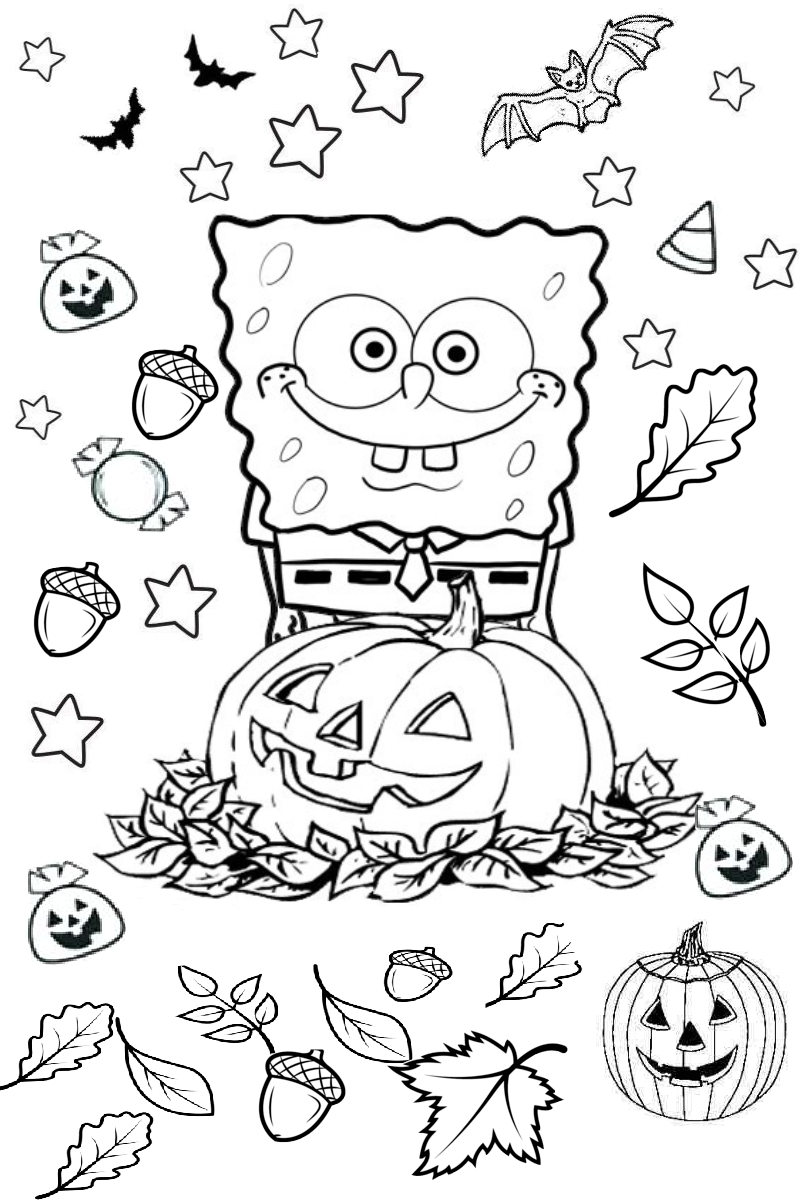 Spongebob Squarepants Halloween Spooky Bats And Pumpkin Coloring Page 