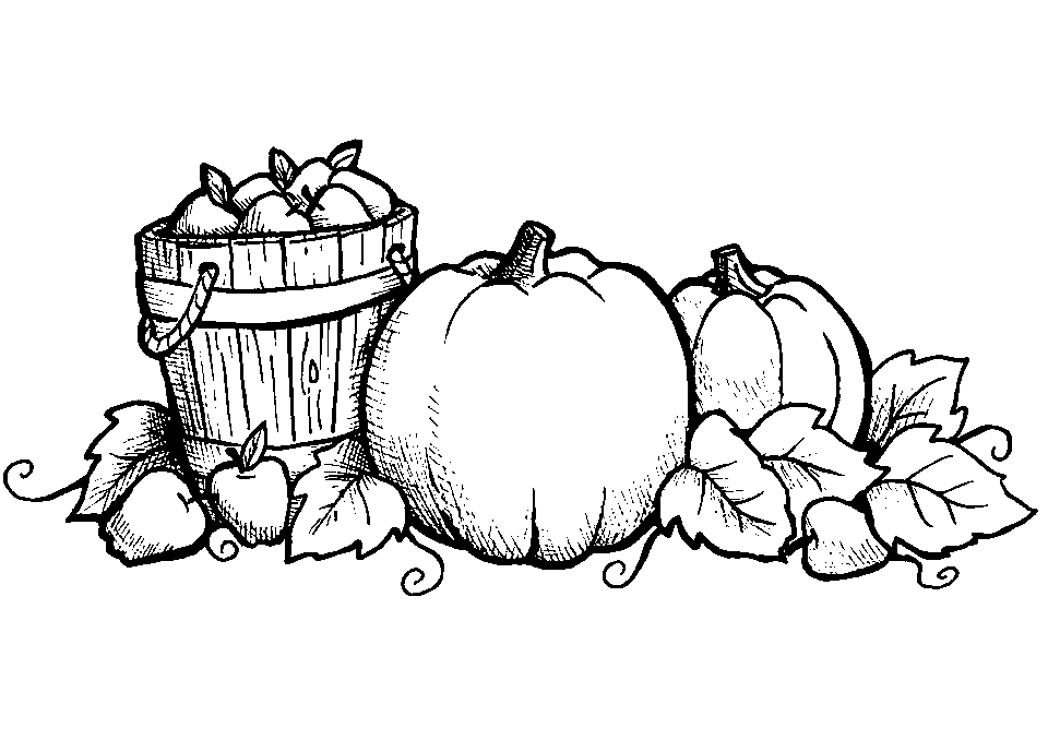 Autumn Season Apples Pumpkins and Leaves Fall Coloring Page