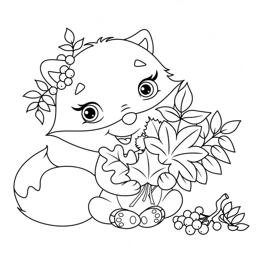 Cute Fox Fall Coloring Page with Pile of Leaves and Harvest