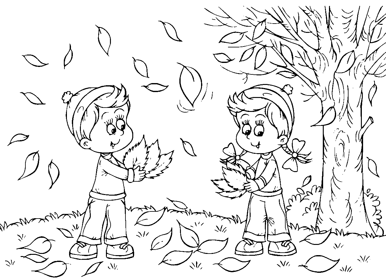 Cute Little Toddlers Collecting Fall Leaves Coloring Page for Preschool