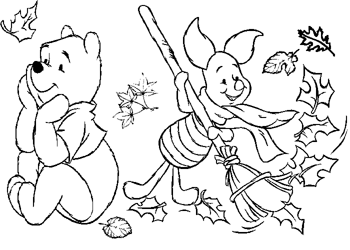 Disney Winnie Pooh & Piglet Autumn Fall Leaves Coloring Page