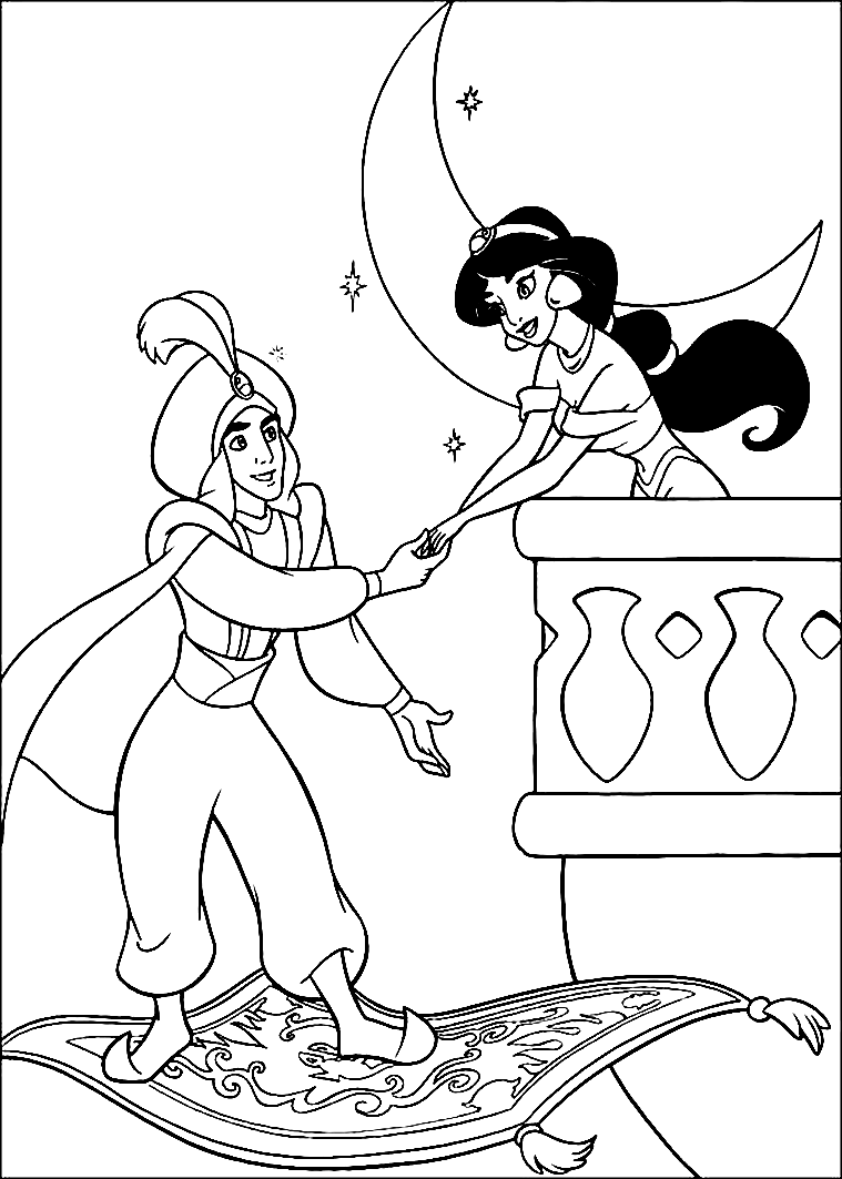 Aladdin Bids Good Night to Jasmine after the Magical Moments Printable Coloring Page
