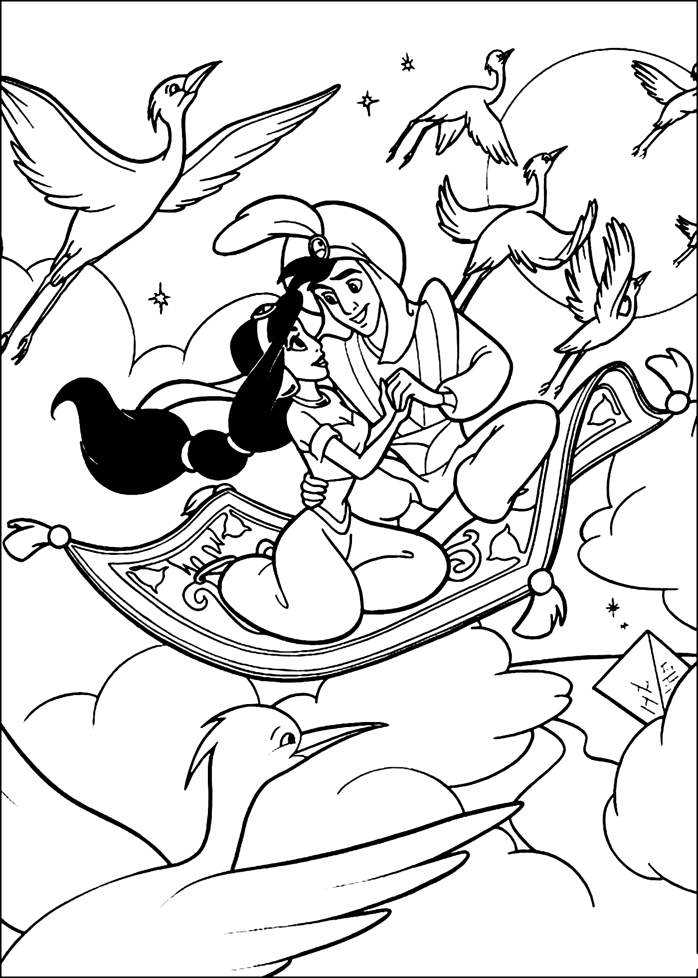 Coloring Page of Aladdin and Jasmine Over the Clouds with Flying Carpet