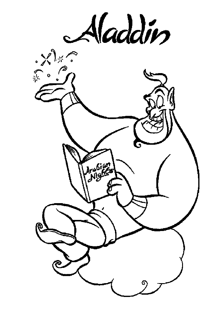 Coloring Page of Genie Reading Pages of Arabian Nights