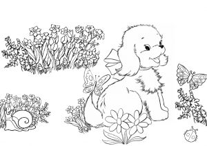 Cute Little Dog Playing with Butterflies in Her Garden Coloring Pages