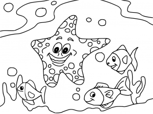 Cute Smiling Starfish and Fish Ocean Coloring Pages Print and Color