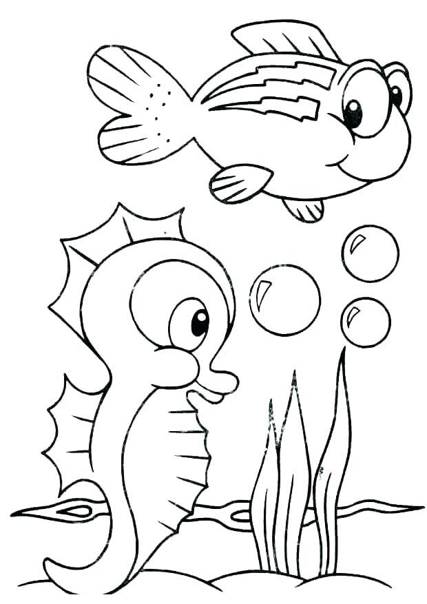 Cute and Easy Ocean Animals Coloring Pages Seahorse Puffer-fish
