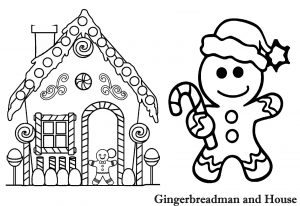 Gingerbreadman and Gingerbreadhouse Chrsitmas Coloring Page for Kids