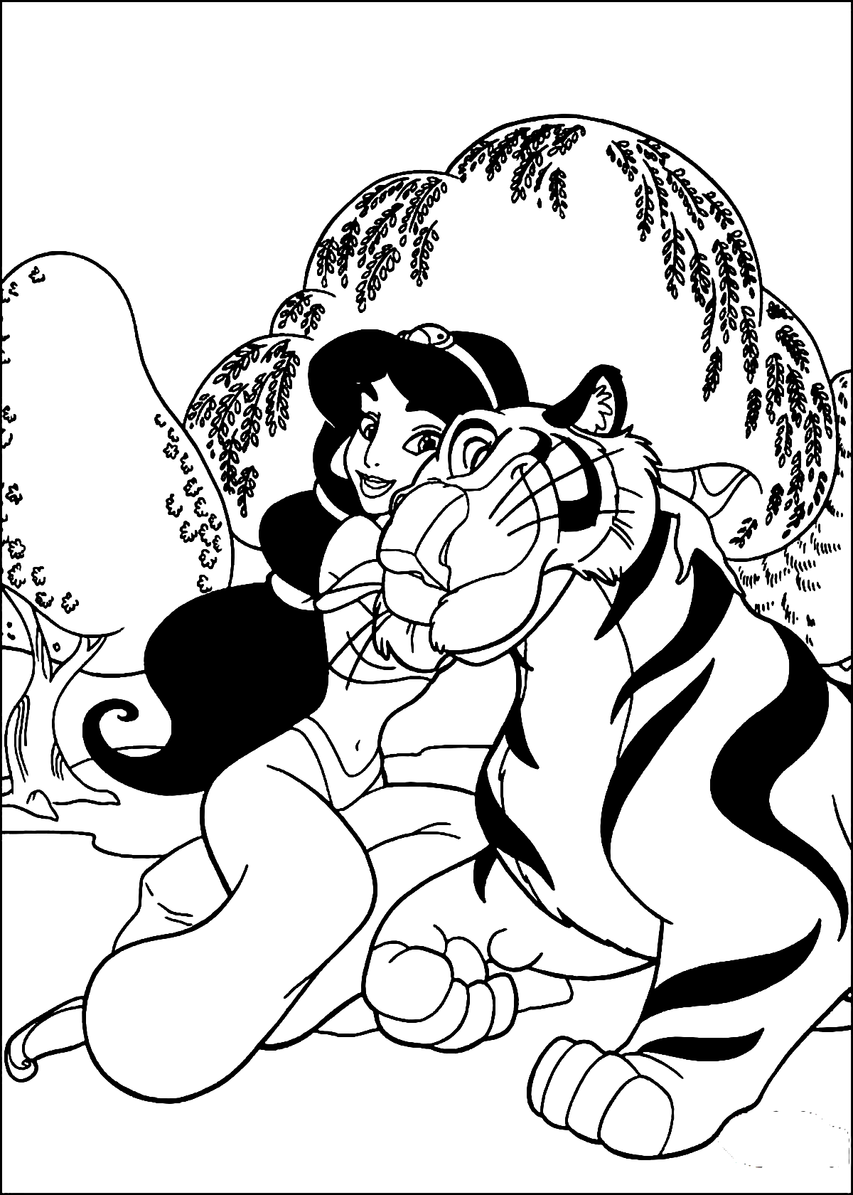 Princess Jasmine and Rajah Tiger Aladdin Printable Coloring Page
