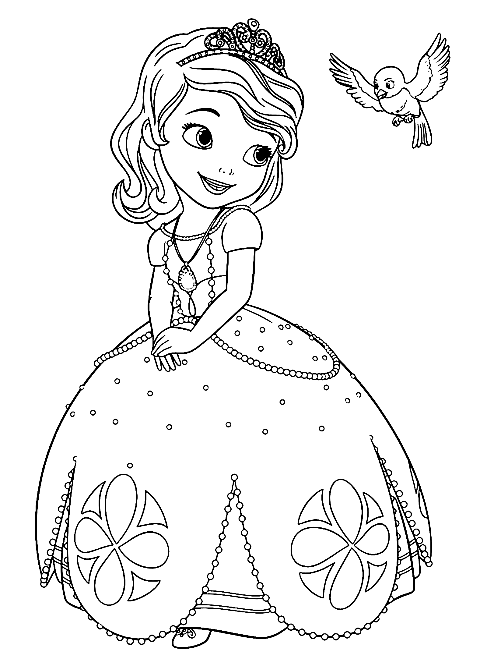 Princess Sofia the First with Her Friend Robin Bird Coloring Page for Kids