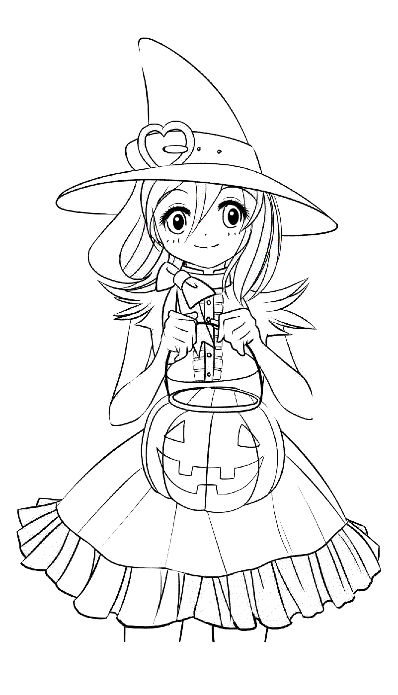 Cute Anime Girl Witch Coloring Page