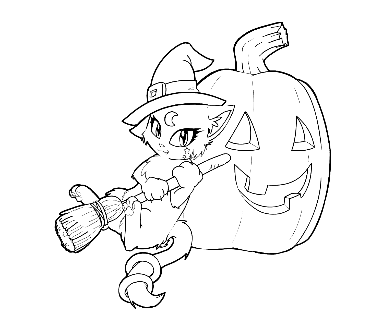 Halloween Pumpkin & Witch Cat with Magical Powers Coloring Page