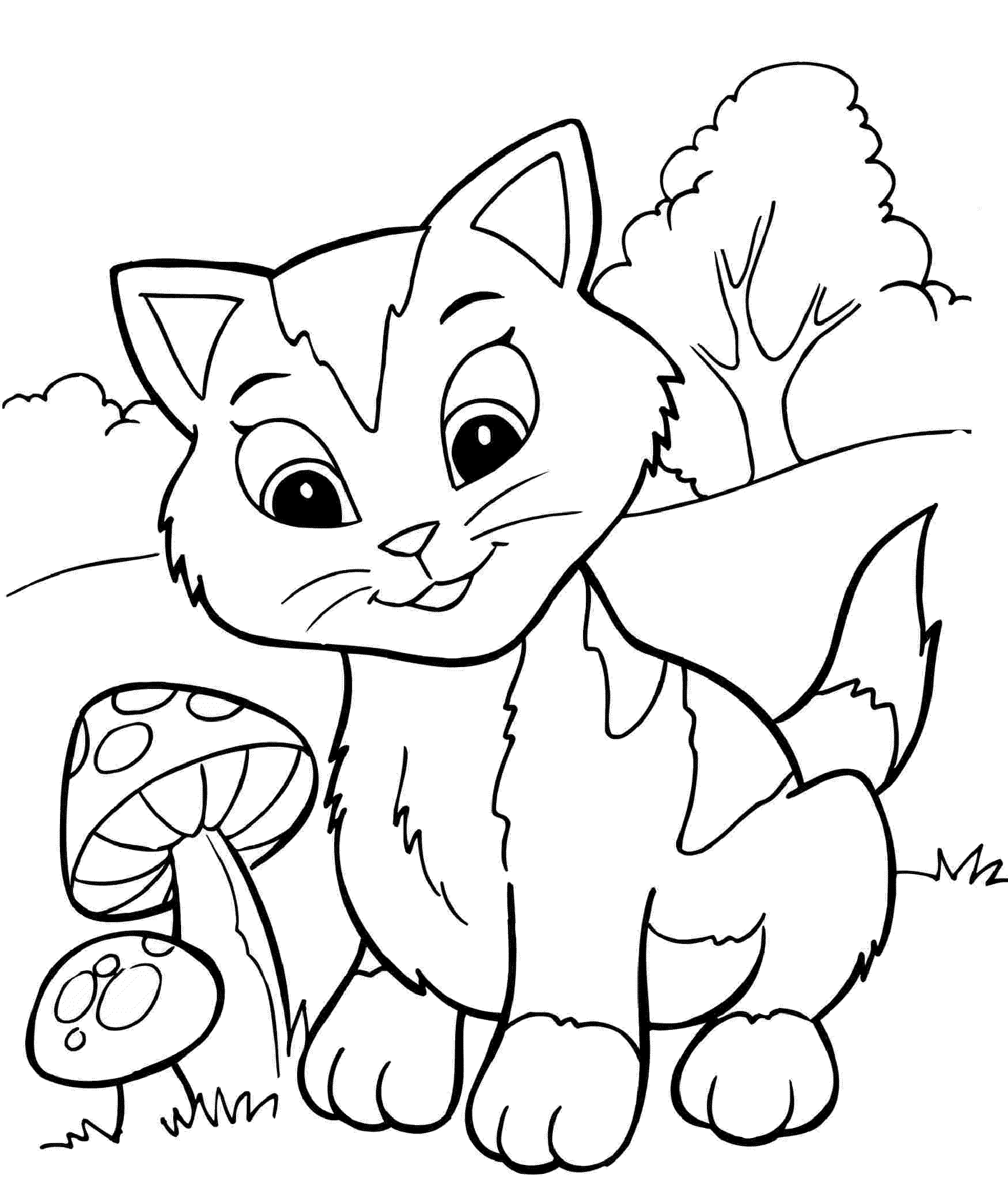 Printable curious little cat coloring pages, cat looking at mushrooms