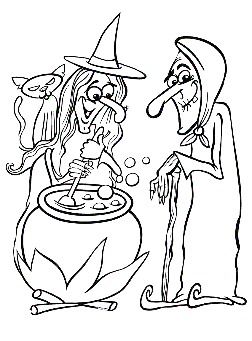 Two Scary Witches with a Cat Evil Witch Coloring Page