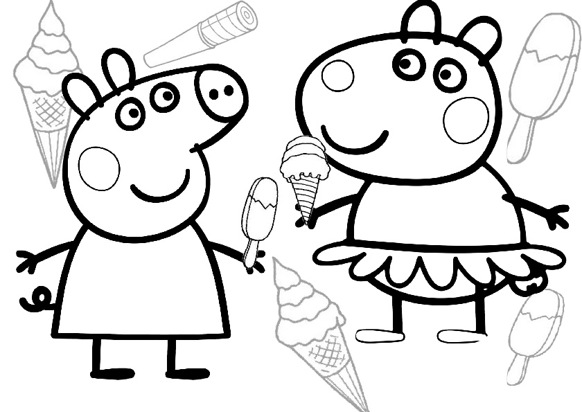 Peppa Pig and Suzy Sheep Ice Cream Coloring Pages Print