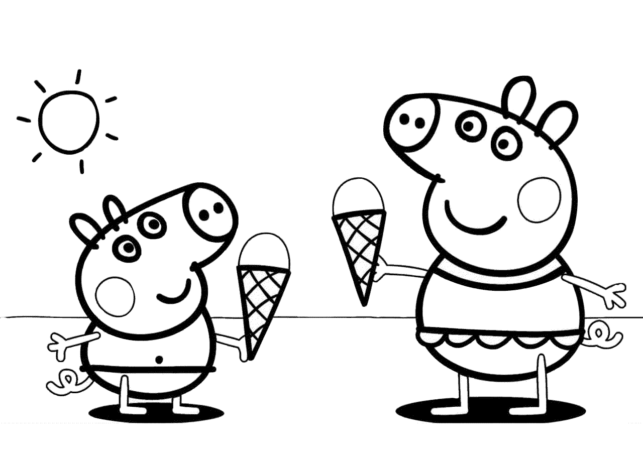 Printable Summer Peppa Pig Coloring Pages Peppa Pig and George Enjoying Ice Cream in Summer