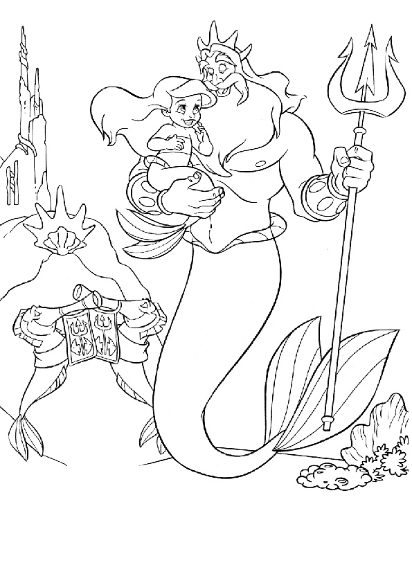 Download Sea God Triton with Daughter Baby Ariel Coloring Pages - Print Color Craft