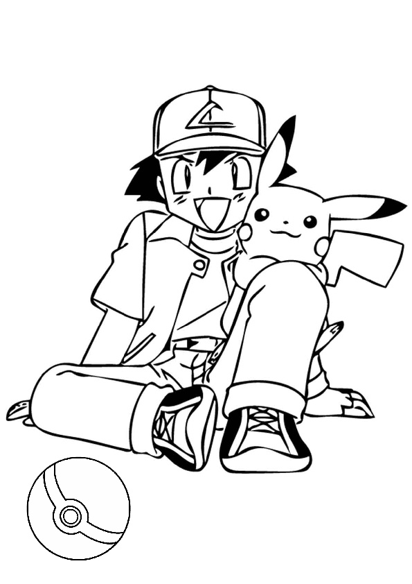 Ash Satoshi and Pikachu and Pokeball Pokemon Coloring Pages