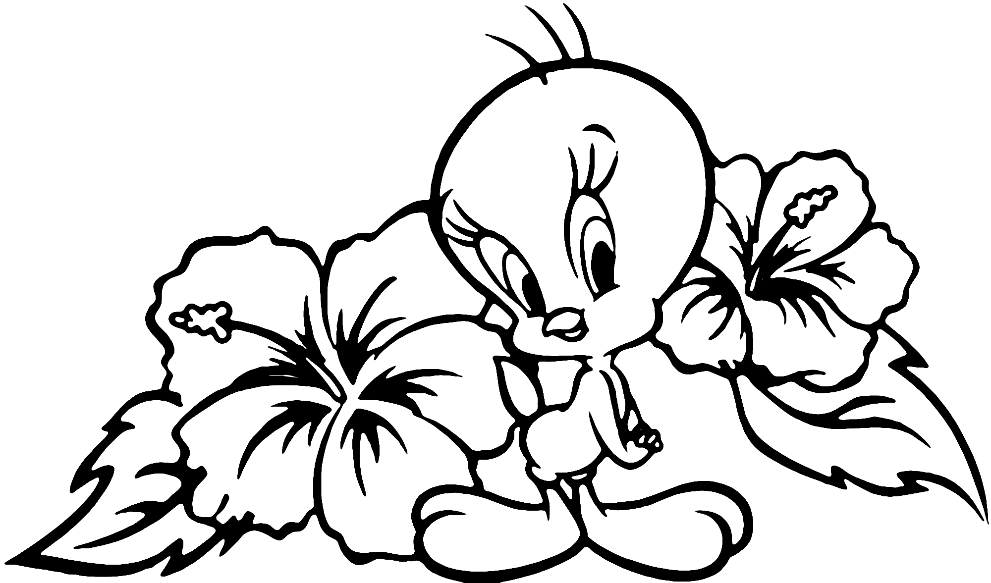 Coloring Page of Cute Tweety Bird with Flowers