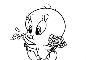 Cute Baby Tweety Bird with Flowers Coloring Pages