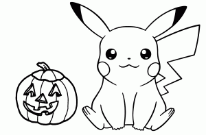 Printable coloring page of Pikachu with pumpkin for Halloween - Print Color Craft