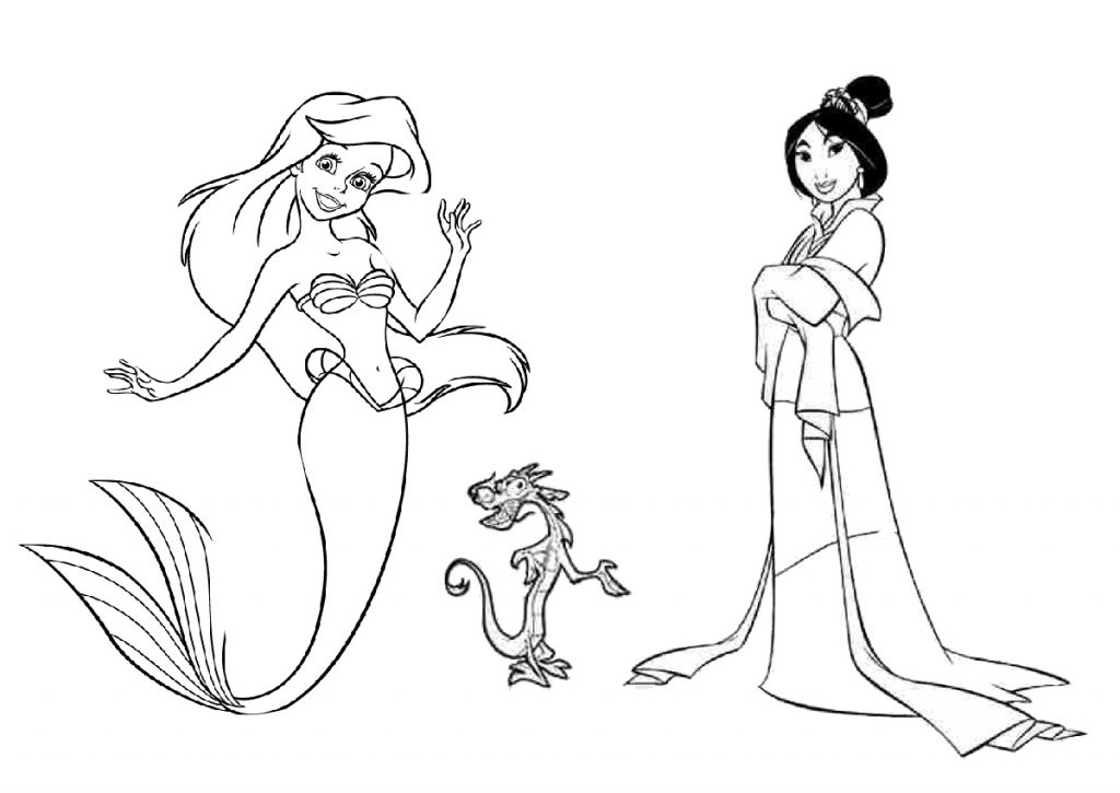 Disney Princess Mulan and Ariel Mermaid Coloring Pages