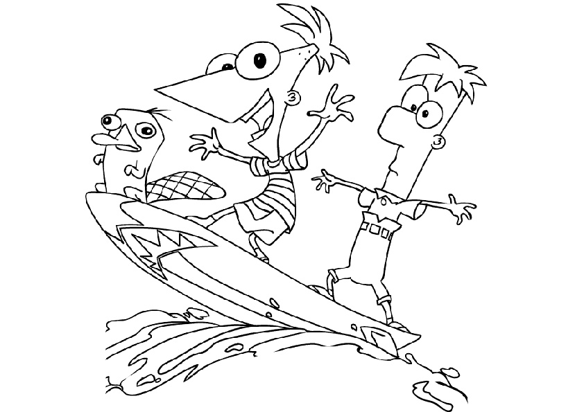 Perry, Phineas and Ferb Surfing on Vacation Coloring Pages