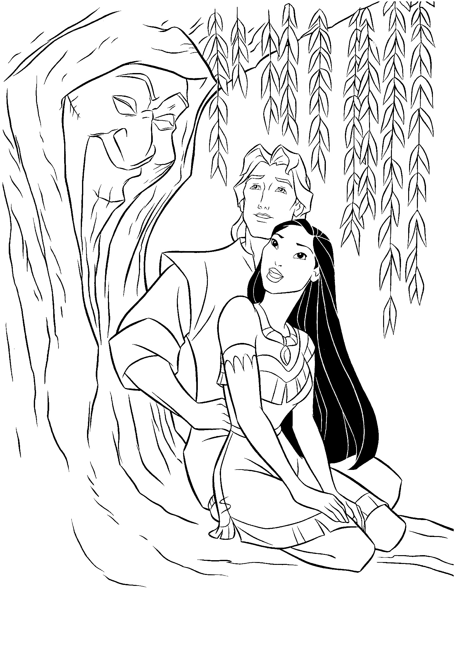 Pocahontas Coloring Pages with Weeping Willow Tree and John Smith