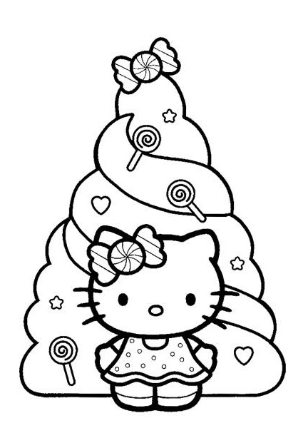 Christmas Celebration with Tree and Presents Hello Kitty Coloring Pages