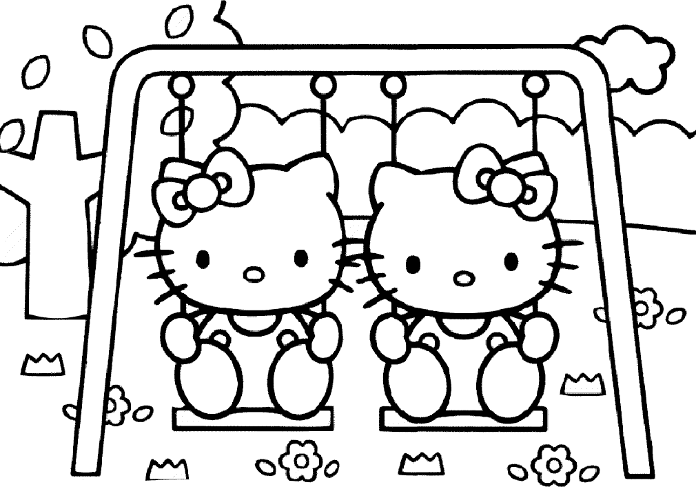Coloring pages of Hello Kitty playing swing at the park