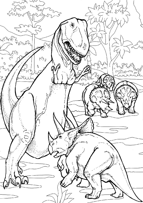 Dino Fight Triceratops Defending Family vs Trex Dinosaur Coloring Pages