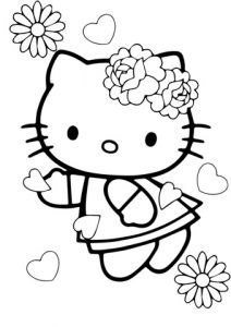 Printable Hello Kitty Coloring Pages with Flowers Hearts Love Valentine