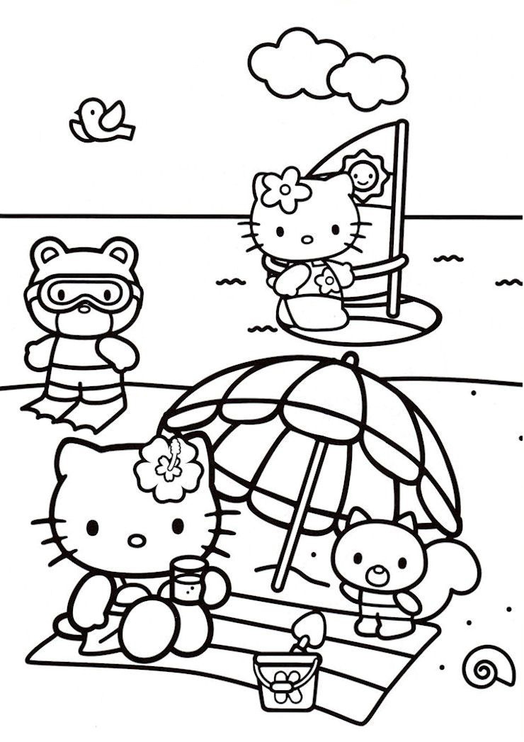 Summer Time Sunny Day at Beach Hello Kitty Coloring Pages
