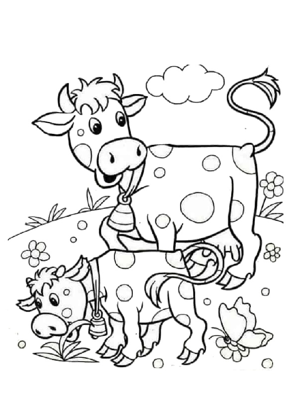 Baby Cow Calf with Her Mommy Cow Coloring Pages.