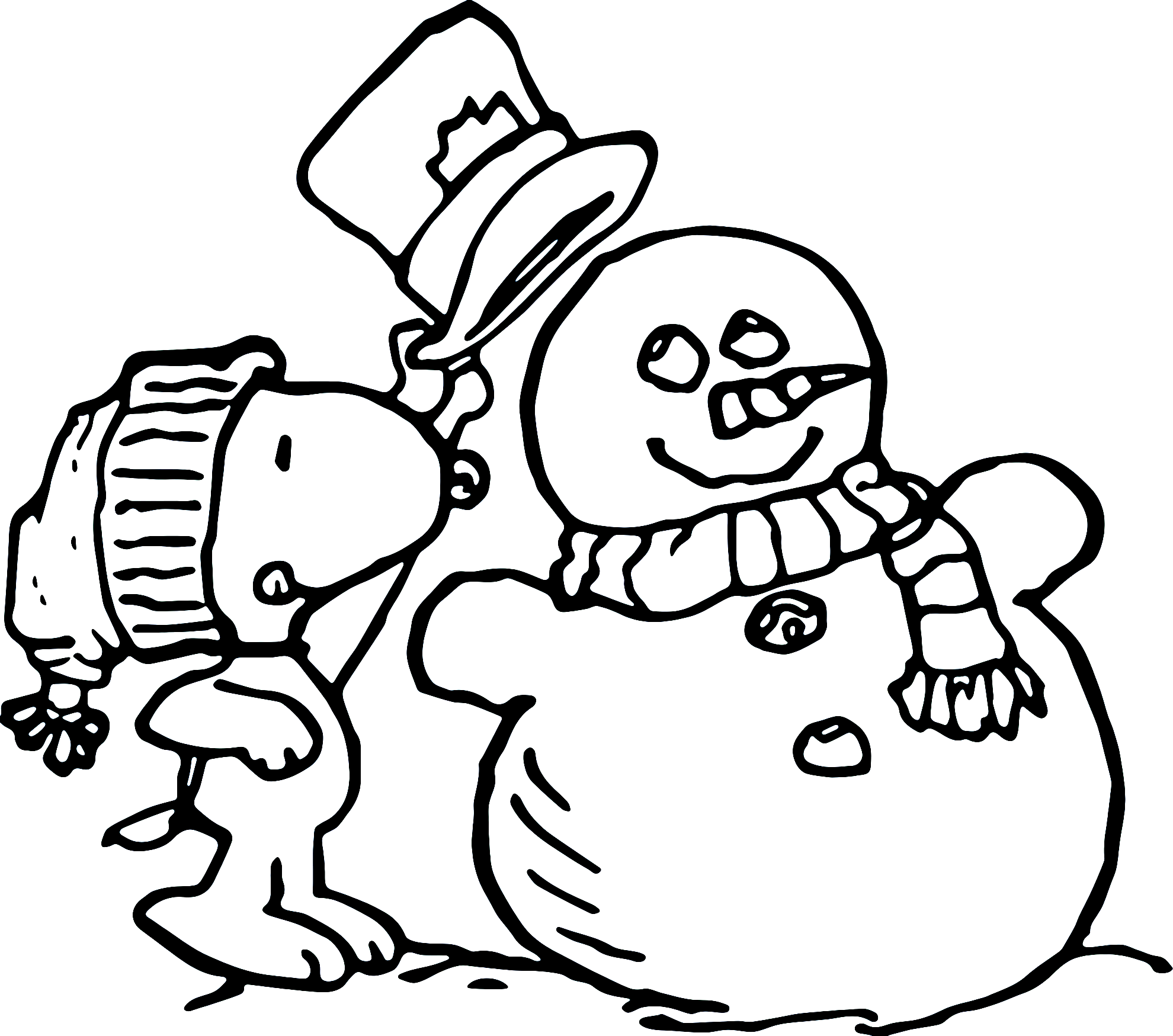Coloring Page of Snoopy Dog with Christmas Snowman