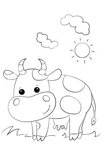 Cow Grazing Grass on a Sunny Day Coloring Page for Toddlers