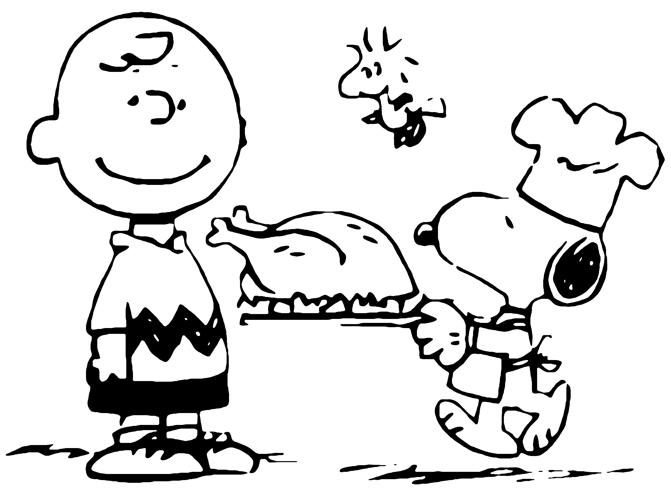 Printable Coloring Page of Charlie Brown and Snoopy Dog with Thanksgiving Feast