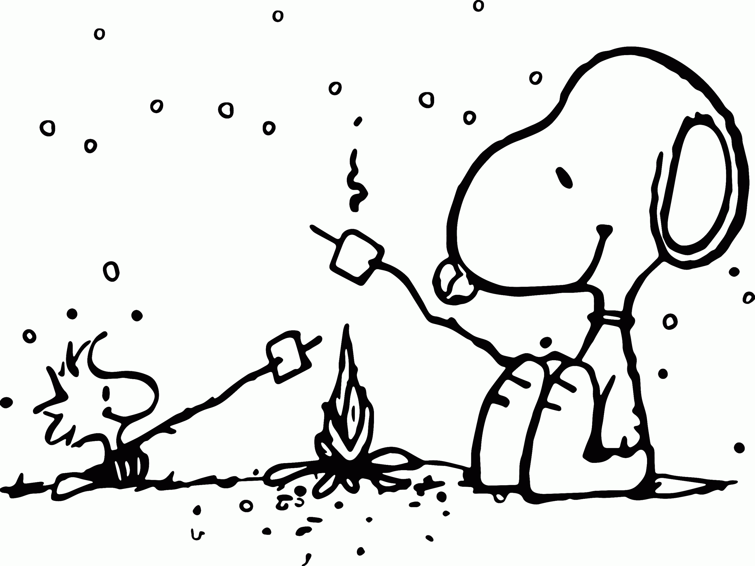 Printable Coloring Page of Snoopy and Woodstock Having a Marshmallow Campfire Toast