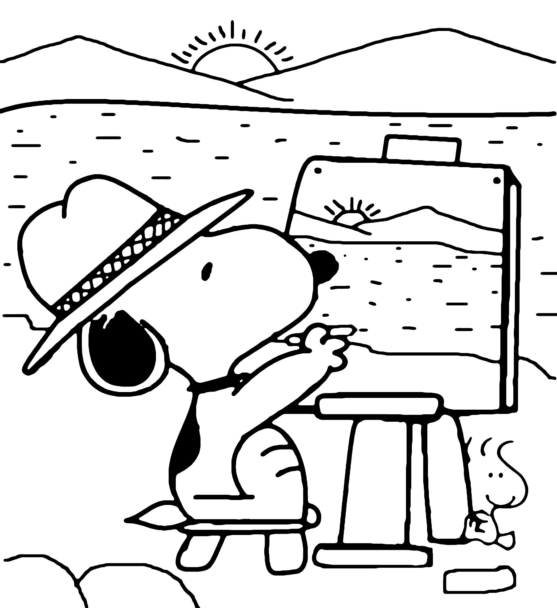 Snoopy Loves to Paint Nature Easy and Cute Coloring Page