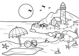 Beach Lighthouse Evening Sunset Summer Coloring Pages