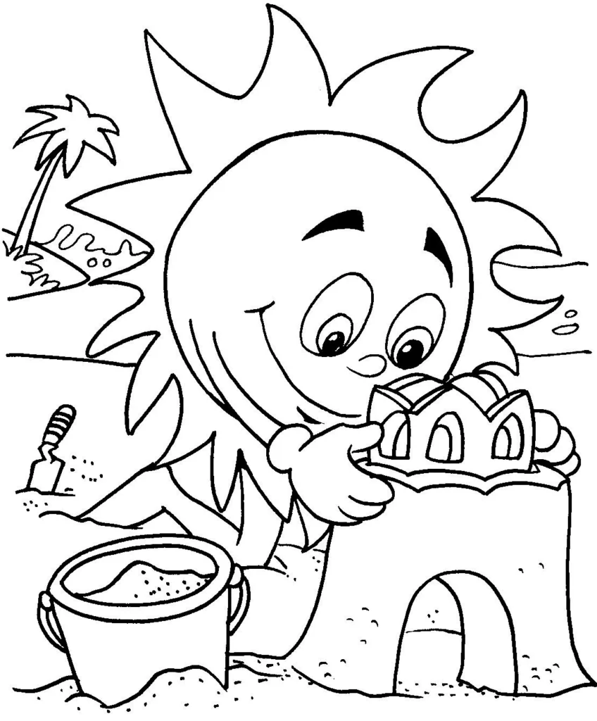 Happy Sun Playing at the Beach Coloring Page