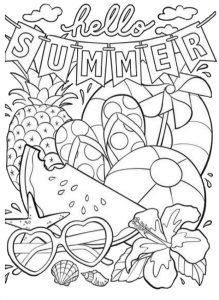 Hello Summer Fruits Beach Flip Flops Ball Watermelon Cute Summer Coloring Pages