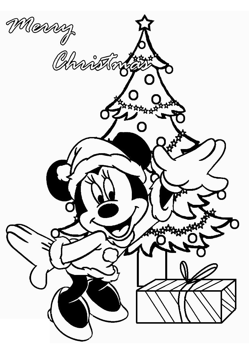 Minnie Mouse Merry Christmas Coloring Pages Minnie Mouse with Decorated Christmas Tree and Santa Claus Gifts