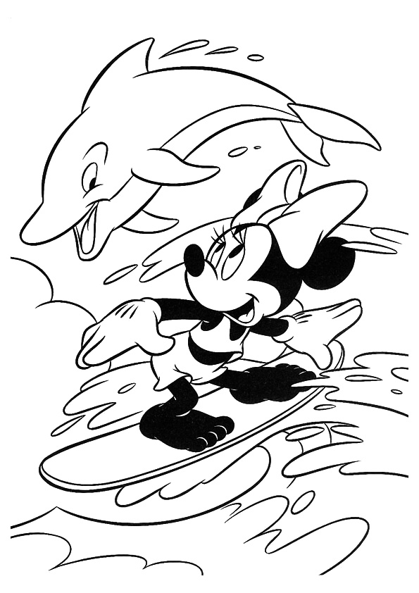Minnie Mouse Summer Vacation Surfing with Dolphins Coloring Pages