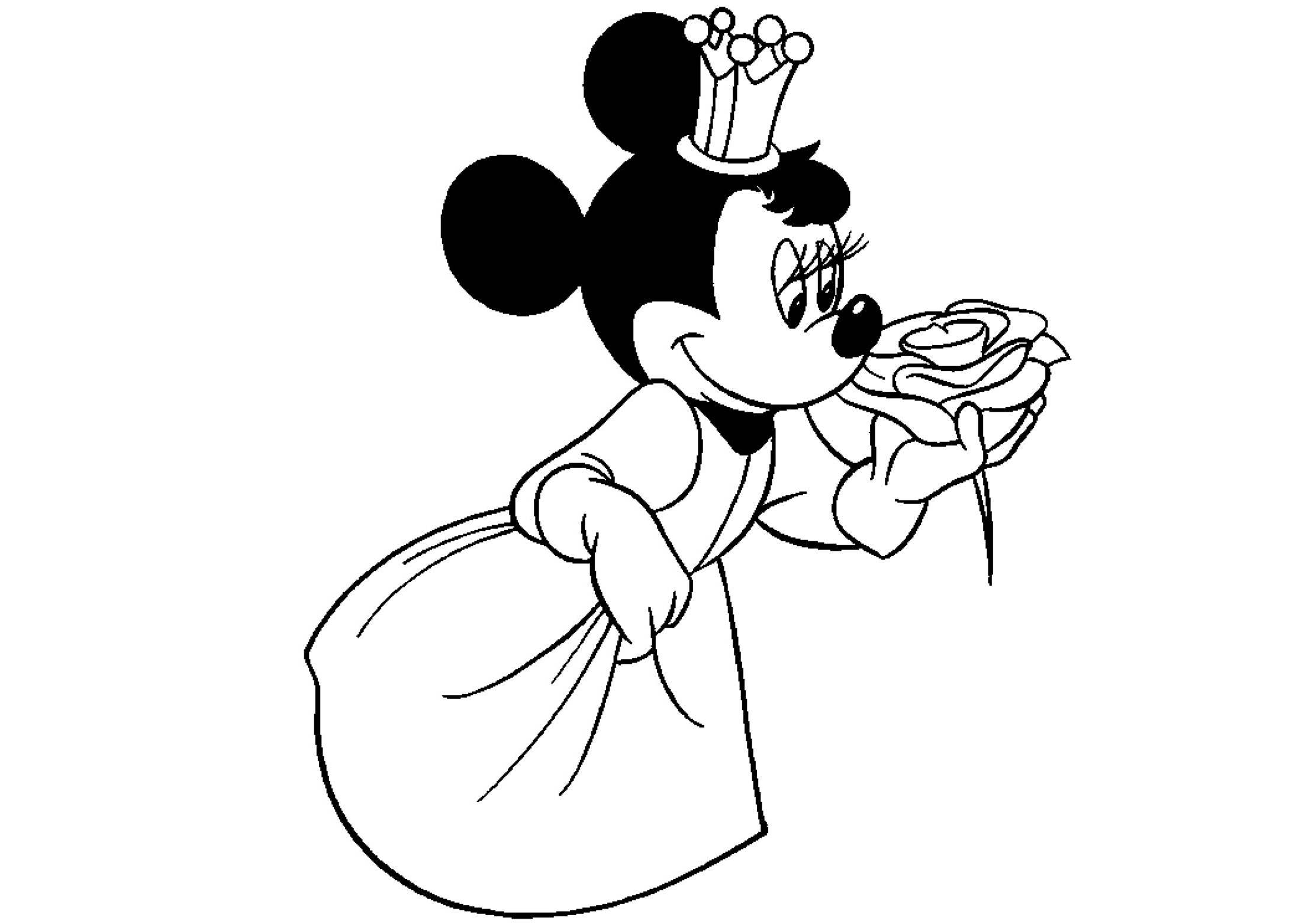 Princess Minnie Mouse Coloring Pages Minnie Mouse in Ballgown Dress and Crown Roaming Around Her Garden