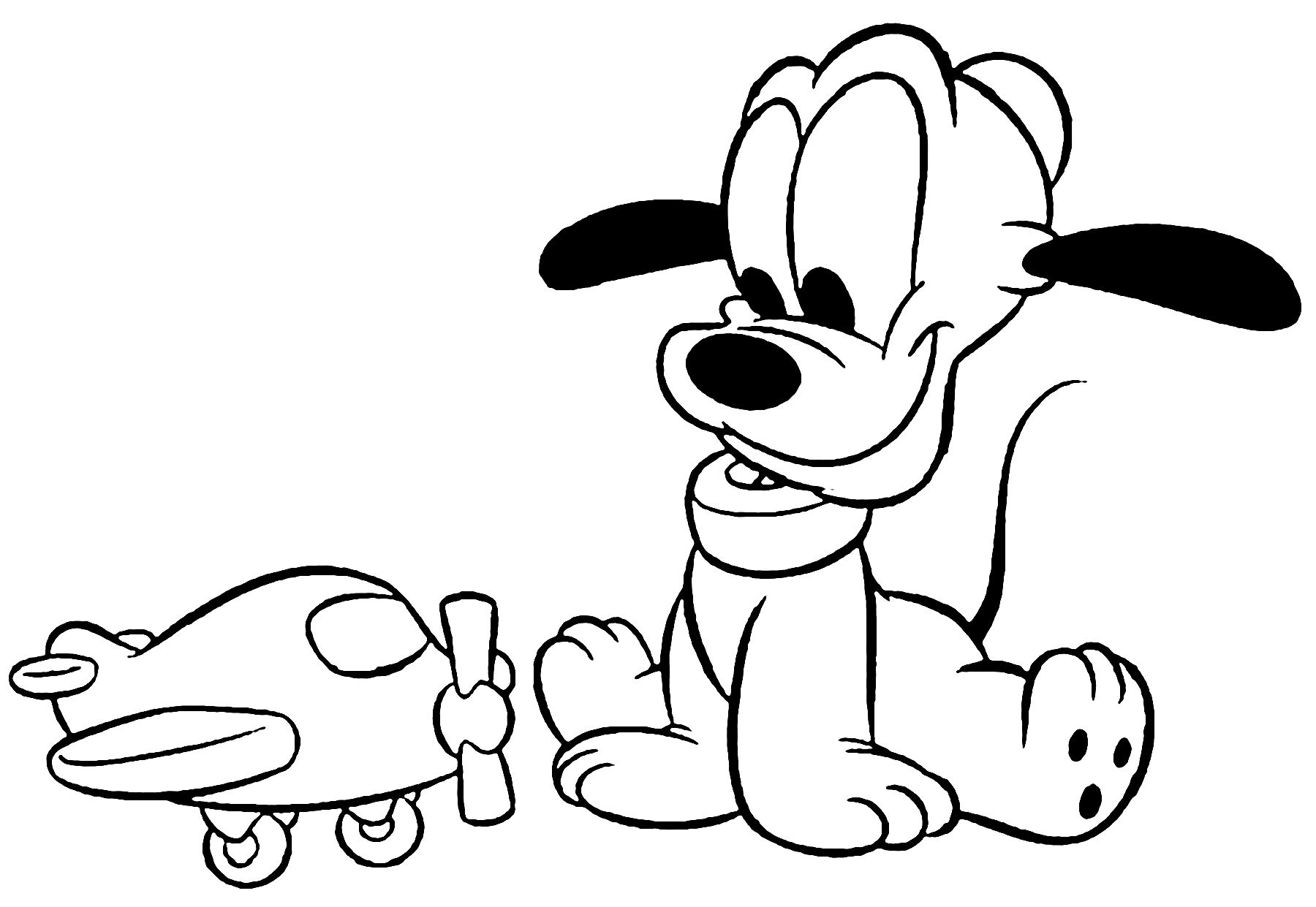 Printable Coloring Image of Baby Pluto Puppy Playing with his Toy Plane