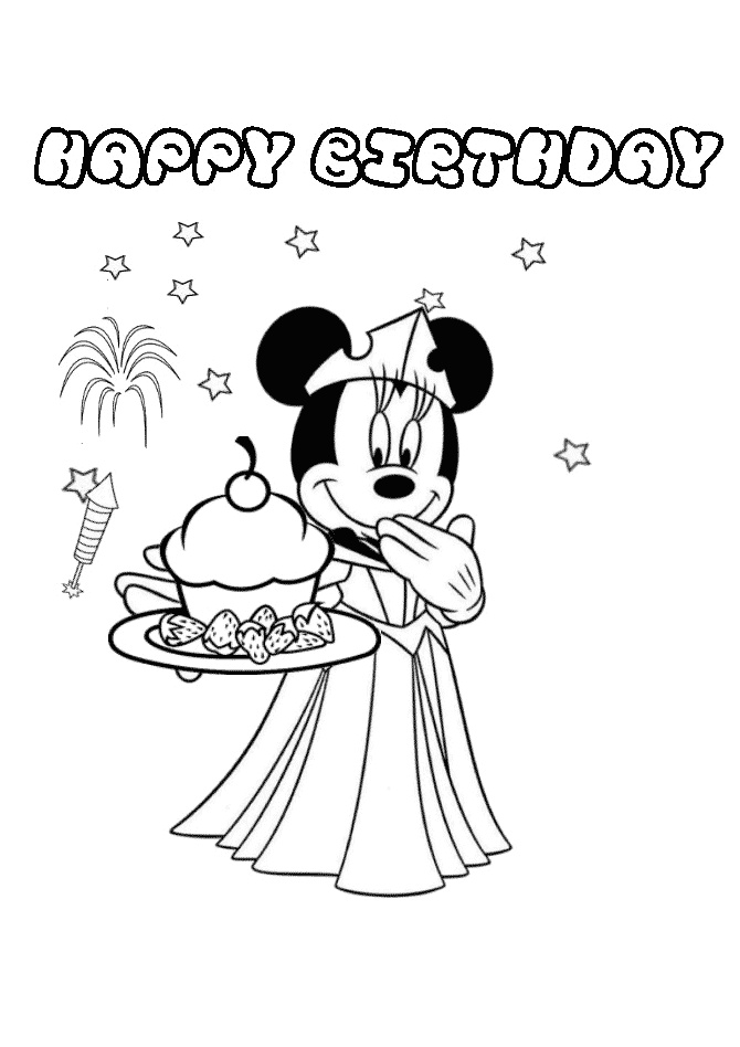 Printable Happy Birthday Minnie Mouse Disney Coloring Pages Minnie Mouse with Strawberry Cupcake