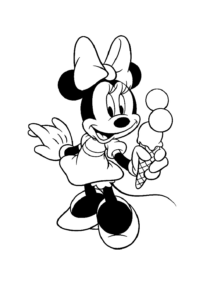 Printable Minnie Mouse Coloring Pages A4 Minnie Mouse with 3 Scoops of Ice Cream on Waffle Cone