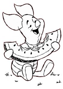 Simple and Easy Summer Coloring Pages Winnie Pooh Piglet with Watermelon